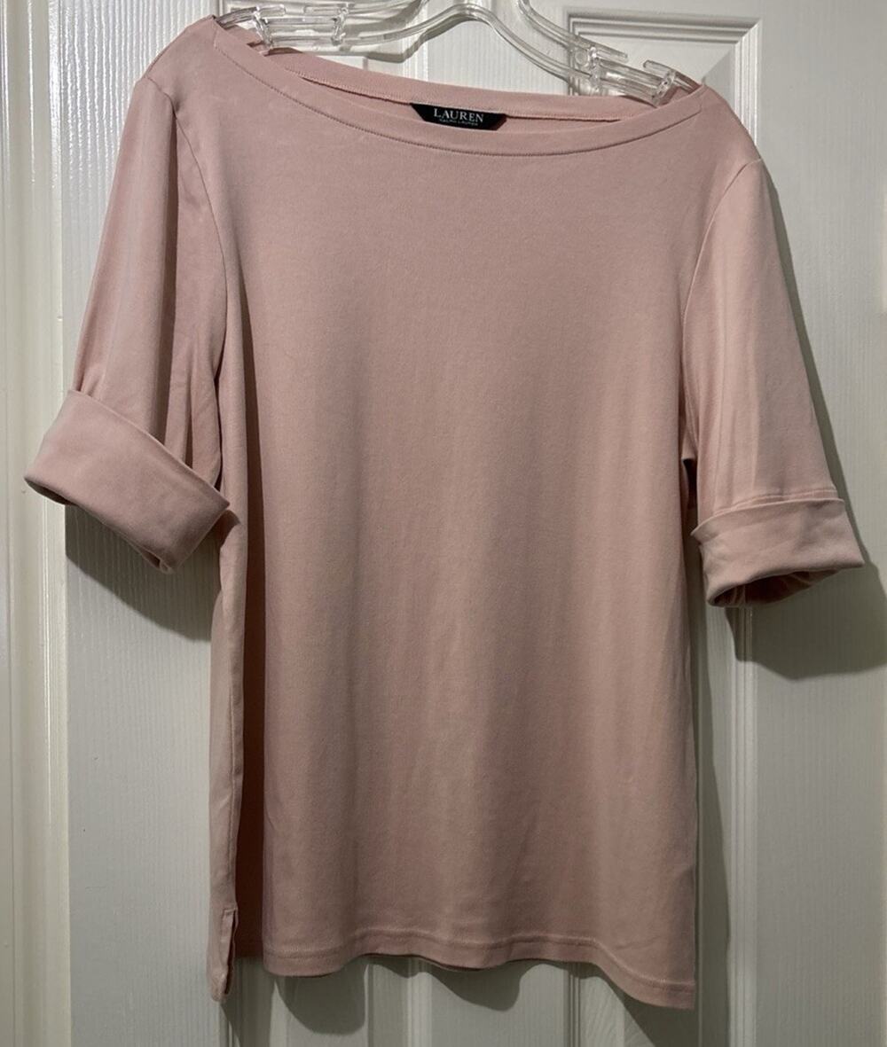 Lauren Ralph Lauren Boatneck Cotton Shirt Folded Sleeve Blush Pink Top Size XL